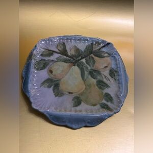 Pear Hand Painted Ceramic Trivet - Scalloped Blue Edge